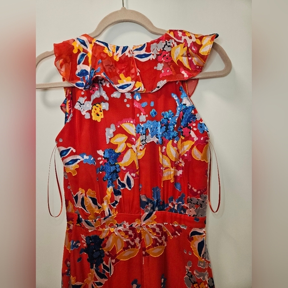 Saloni Cece Floral Print Ruffle Trim Dress in Coral  Size 4 - Picture 7 of 9